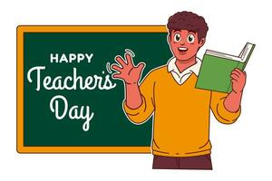 glücklich Lehrer Tag mit schwarz männlich Lehrer und Tafel vektor