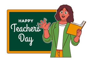 glücklich Lehrer Tag mit schwarz weiblich Lehrer und Tafel vektor