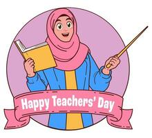 Lycklig lärare dag med muslim kvinna lärare bärande böcker vektor