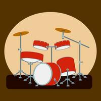 Trommel Kit auf ein Bühne. Schlagzeug, Musical Instrumente einstellen im eben Karikatur Stil. Vektor Schlagzeug Illustration. Grafik Design zum T-Shirt, Studio Logo, Felsen Band Konzert oder Party Poster, Banner, Flyer