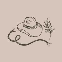 Cowboy Thema wild Westen Konzept, Western, Hirte Leben. Hand gezeichnet Vektor Illustration mit Cowboy Stiefel, Lasso, Hut. Design Element zum drucken T-Shirt, Papier, Logo, Karte, Poster, Vorlage, Hintergrund