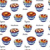 Muster mit zentral asiatisch Küche Suppen Karikatur Stil. Lagman, chuchvara und shurpa im Schüssel Vektor nahtlos Muster