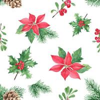 Weihnachten Hand gezeichnet nahtlos Muster mit Winter Pflanzen. Wald Kiefer Geäst, Stechpalme mit rot Beeren, rot Weihnachtsstern und Preiselbeere oder Preiselbeere. zum Stoff oder Textil- Drucke, Geschenk Verpackung Papier vektor