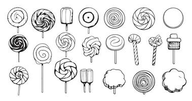 uppsättning av olika doodles, hand dragen grov enkel sötsaker och godis skisser. vektor illustration