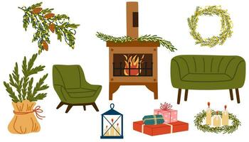 Weihnachten Innere Elemente Satz. Couch, Vase, Kerze, Stuhl und Tisch. Winter Urlaub Haus Dekorationen. gemütlich Zuhause Möbel. Vektor Hand zeichnen Illustration isoliert