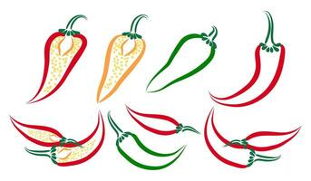 uppsättning av varm chili paprika. översikt symboler av varm kryddad chili peppar. traditionell mexikansk vegetabiliska krydda och mat krydda. vektor uppsättning av ikoner. vektor illustration.