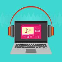 online Radio Musik- Streaming Bedienung Konzept mit Laptops, Kopfhörer und Wiedergabelisten. Vektor Audio- Spieler und online Rundfunk- Internet Medien Gerät.