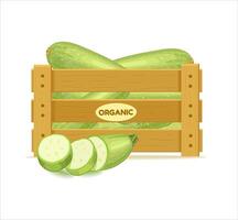 hölzern Box mit Zucchini. Gemüse Box Symbol. Vektor Illustration isoliert auf Weiß Hintergrund.
