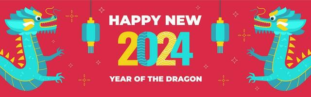 kinesisk ny år baner med två drakar, lunar astrologi tecken, symbol av de 2024 år, orientalisk ny år firande affisch i en platt grafik, vektor illustration.