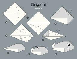 Wal Origami planen Lernprogramm ziehen um Modell. Origami zum Kinder. Schritt durch Schritt Wie zu machen ein süß Origami Marine Tier. Vektor Illustration.