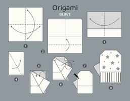 Handschuh Origami planen Lernprogramm ziehen um Modell. Origami zum Kinder. Schritt durch Schritt Wie zu machen ein süß Origami Handschuh. Vektor Illustration.