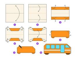 Schule Bus Origami planen Lernprogramm ziehen um Modell. Origami zum Kinder. Schritt durch Schritt Wie zu machen ein süß Origami Transport. Vektor Illustration.