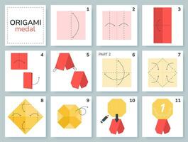 Medaille Origami planen Lernprogramm ziehen um Modell. Origami zum Kinder. Schritt durch Schritt Wie zu machen ein süß Origami Medaille. Vektor Illustration.