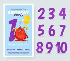 glücklich Geburtstag Karte mit süß Karikatur Monster, Nummer und Ballon. Geburtstag Jahrestag Zahlen von 1 zu 10 zum anders Alter. Geburtstag Party Einladung Karte, isoliert Vorlage zum Kinder. Vektor. vektor