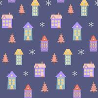 skandinavisch Häuser, Rosa Weihnachten Bäume und Schneeflocken nahtlos Muster. perfekt zum Karten, Einladungen, Hintergrund, Banner, Kindergarten, Baby Dusche, Kinder Zimmer Dekoration. vektor