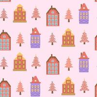 skandinavisch Häuser und Rosa Weihnachten Bäume nahtlos Muster. perfekt zum Karten, Einladungen, Hintergrund, Banner, Kindergarten, Baby Dusche, Kinder Zimmer Dekoration. vektor
