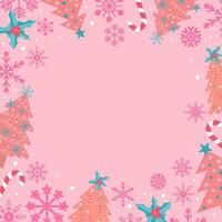 pastell rosa bakgrund med snöflingor, jul träd, järnek bär och godis sockerrör. festlig xmas design. glamour pinkmas stil. tömma Plats för din text. mall för kort, baner, affisch. vektor