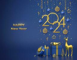 Lycklig ny år 2024. hängande gyllene metallisk tal 2024 med stjärnor, bollar och snöflinga på blå bakgrund. guld rådjur, gåva lådor, metallisk tall eller gran, kon form gran träd. vektor illustration.