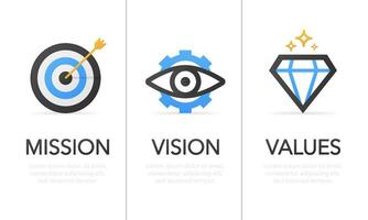 Mission. Vision. Werte. modern eben Design Konzept. Vektor Symbol auf Weiß Hintergrund. Vektor Illustration.