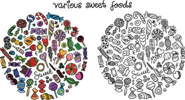 Färbung Seite von verschiedene Süßigkeiten zum Schule Kinder vektor