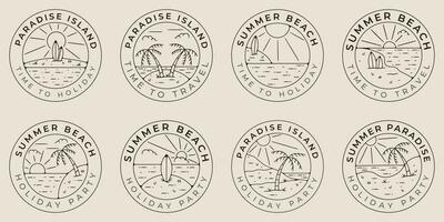 uppsättning bunt sommar strand och paradis ö linje konst logotyp ikon symbol, med emblem minimalistisk vektor illustration design.