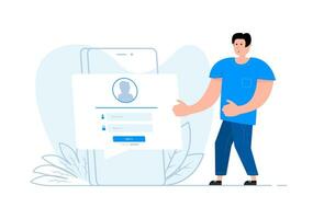 en man står nära de smartphone, på de skärm logga in sida. användare profil, tillgång till konto begrepp. vektor