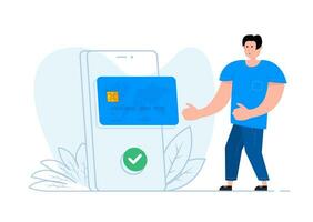 en man står nära de smartphone, på de skärm betala med kort. uppkopplad betalning. pengar överföra. vektor