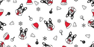 hund sömlös mönster jul vektor franska bulldogg santa claus hatt gåva låda klocka scarf isolerat tecknad serie upprepa bakgrund bricka tapet illustration design