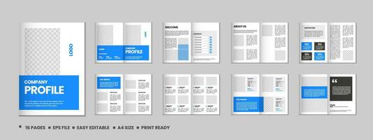 företag profil, flersida flygblad broschyr, 16 sidor portfölj tidskrift, årlig Rapportera, katalog och a4 flersida mall design vektor