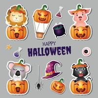 klistermärken halloweenkollektion med gulligt lejon, gris, koala, svart katt vektor