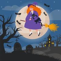 Halloween-Nachtlandschaft mit Grabsteinen, Hexe und Vollmond vektor