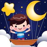 söt liten pojke som rider på flygande båt på natten vektor