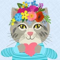 Katze mit Blumenkrone und hält ein Papierherz vektor