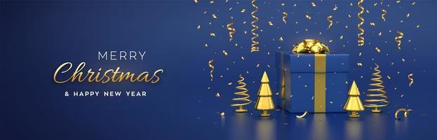 Weihnachtsbanner. Komposition aus Geschenkbox mit goldener Schleife. vektor