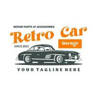 årgång eller retro eller klassisk bil logotyp design vektor illustration. retro emblem av bil reparera restaurering och klubb design element.