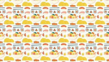 Sushi Lachs Garnelen Nori Ramen asiatisches Essen Muster Hintergrund Banner vektor