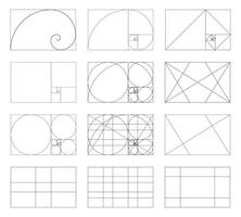 gyllene förhållande mall uppsättning. metod gyllene sektion. Fibonacci array, tal. harmoni proportioner, symmetri, balans. översikt vektor grafisk illustration. geometri sekvens rutnät.