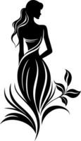 kvinnor och löv, silhuett av en mode flicka i en lång klänning. vektor illustration
