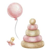 Spielzeuge zum Neugeborene Mädchen. hölzern Pyramide, Luft Ballon und Babys Dummy oder Schnuller . Aquarell Illustration. isoliert. Clip Art zum Kinder Waren, Kinder Geschäft, Karten, Baby Dusche, Kinder- Zimmer und Spielzeug vektor