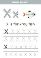 spårande alfabet brev för ungar. djur- alfabet. x är för röntgenstråle fisk. vektor