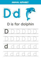 spårande alfabet brev för ungar. djur- alfabet. d är för delfin. vektor