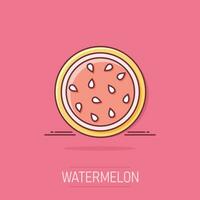 Cartoon-Wassermelone-Symbol im Comic-Stil. saftiges reifes Fruchtzeichen-Illustrationspiktogramm. Dessert-Splash-Geschäftskonzept. vektor