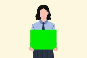 affärskvinna innehav en grön skärm.tom skärm för reklam, en kvinna står och ler, som visar en tom tecken, kopia Plats, kvinna företag vektor illustration.