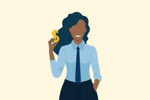 en självsäker afrikansk amerikan affärskvinna är leende. framgångsrik afrikansk företag kvinna hand innehav en oss dollar mynt ikon. företag vektor illustration.