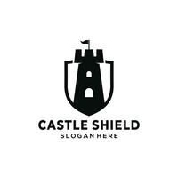 silhuett av en slott inuti en skydda, en slott med en design den där är inuti en skydda symboliserar de logotyp av elasticitet och styrka vektor