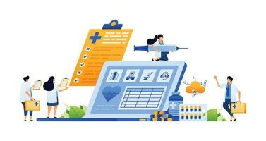 vektor illustration av revolutionerande sjukvård med digital teknologi. doktorer övervakning patient framsteg från sjukhus bärbar dator. kan använda sig av för annons, affisch, kampanj, hemsida, appar, social media