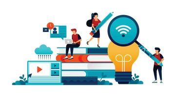 Illustration von Studenten Studie auf Stapel von Bücher. Ideen und Inspiration zum modern Lehren und Lernen System Technologie mit Video Medien. können Sein benutzt zum Netz Webseite Poster Handy, Mobiltelefon Apps Zeitschrift Anzeigen vektor