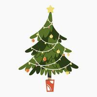 ein süß Weihnachten Baum mit schön Dekoration eben Vektor Illustration isoliert auf Weiß Hintergrund. fröhlich Weihnachten und glücklich Neu Jahr