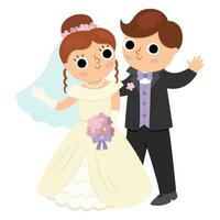 Vektor Illustration mit Braut und Bräutigam winken Hände. süß gerade verheiratet Paar. Hochzeit Zeremonie Symbol. Karikatur Ehe Szene mit neu verheiratet lächelnd Paar Gruß Gäste