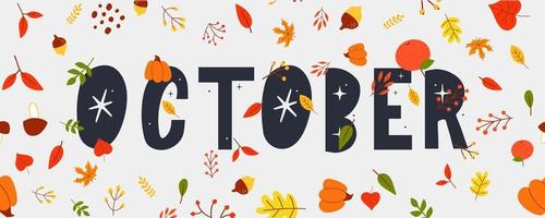 Oktober Schriftzug Text Verkauf Vektor Banner mit bunten Herbstblättern